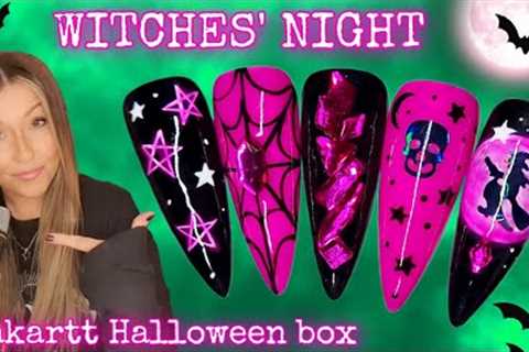 🧙‍♀️ Witch Halloween nails | Easy nail art design | Black pink moon skull star cobweb bling |..