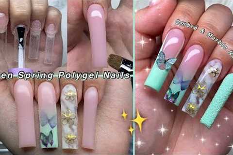 GREEN SPRING POLYGEL NAILS✨ HOW TO BUTTERFLY OMBRE & FLOWER CHARM NAIL DESIGN! Nail Tutorial